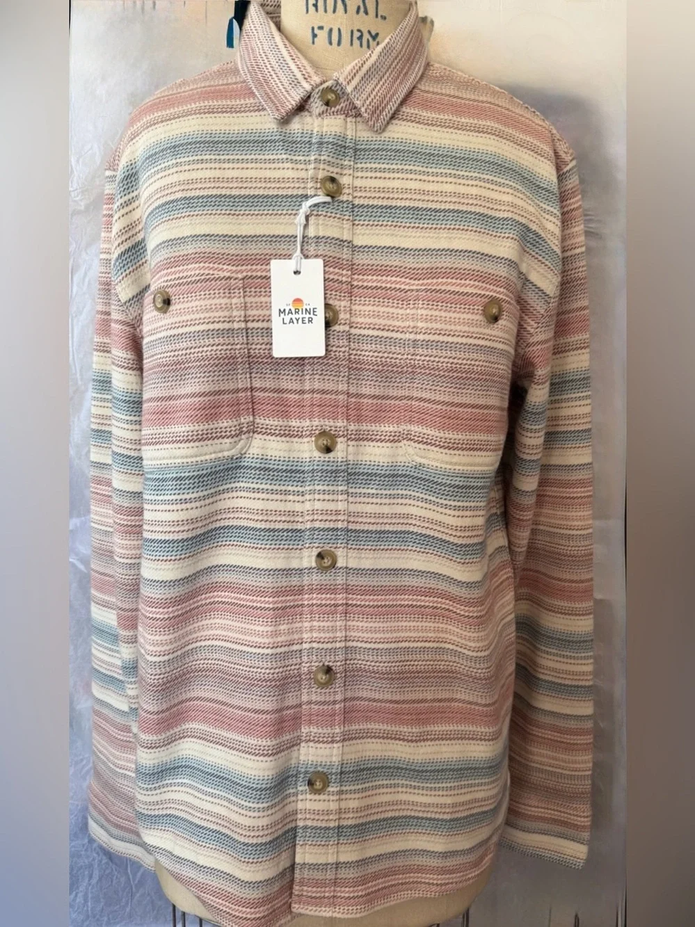 MARINE LAYER Mens Pacifica Stretch Twill Shirt Warm Baja Stripe Medium NWT